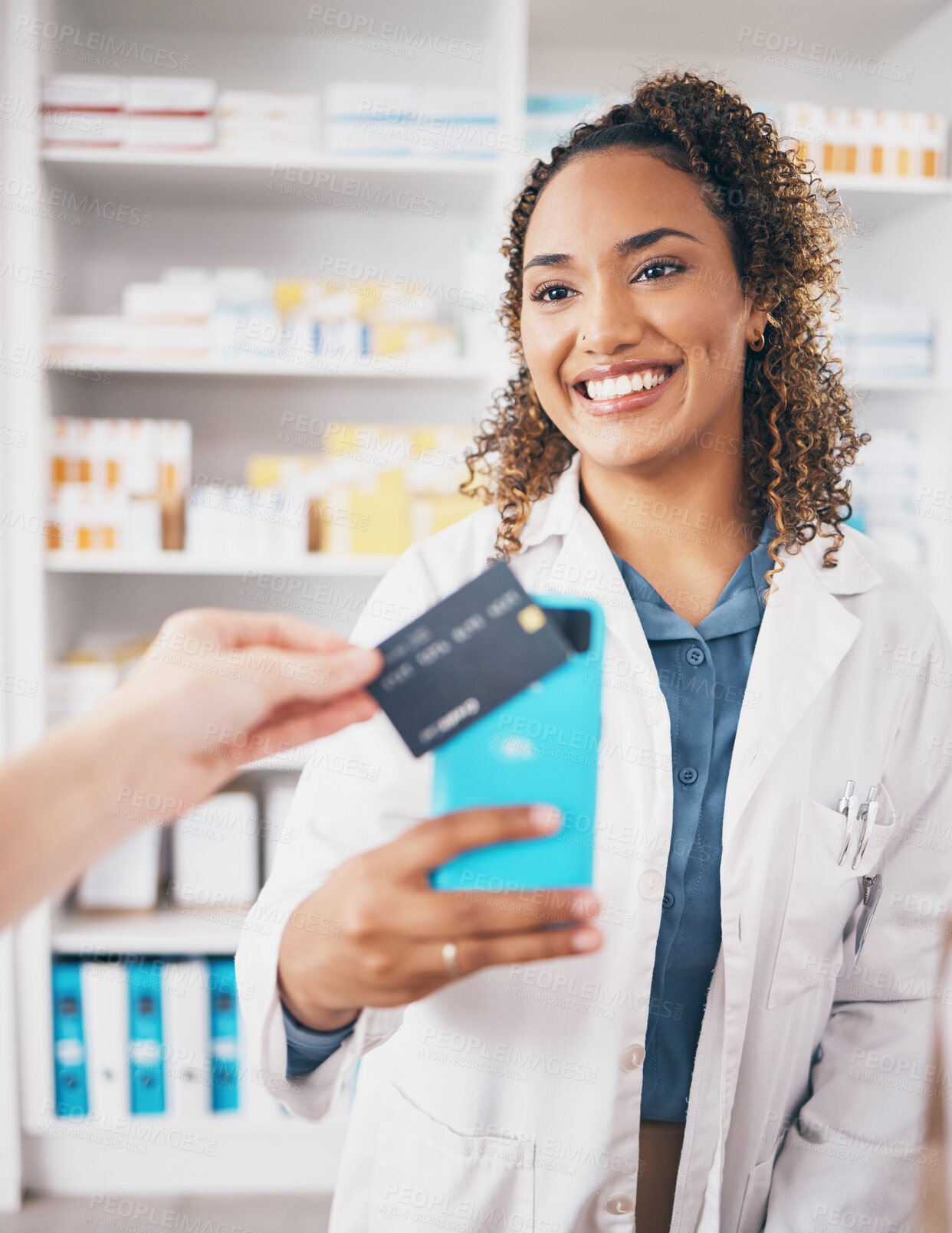 Buy stock photo Woman, pharmacy and credit card payment with phone, shopping or fintech for healthcare deal at store. Pharmacist, digital customer experience or ecommerce for medical product at shop with pos machine