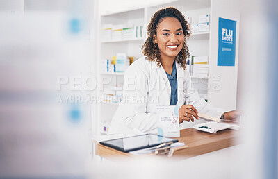 Buy stock photo Organize pills, pharmacist or portrait of woman in pharmacy with smile in customer services or wellness clinic. Healthcare, medical or happy doctor smiling by medication products at retail drugstore