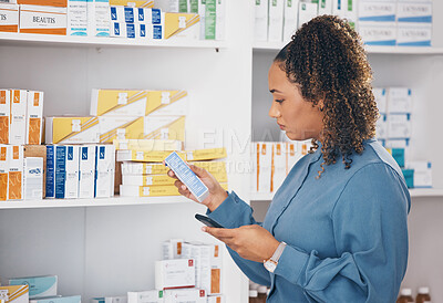 Buy stock photo Pharmacy, product and woman check phone for information online, research label on internet or healthcare choice. Person or customer on mobile app, shelf and medical decision of medicine or drugs