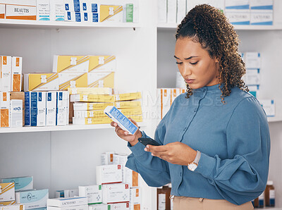 Buy stock photo Pharmacy, info search and woman with phone checking ingredients or medical for pills results online. Prescription drugs, internet and customer reading allergy information on medicine box for safety.