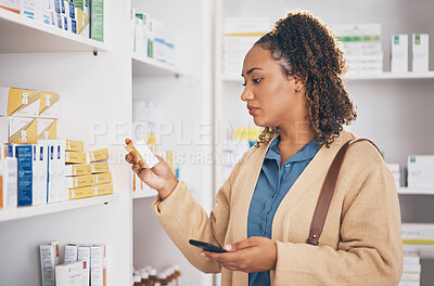 Buy stock photo Pharmaceutical, medication and female customer choosing healthcare products or drugs in a drugstore. Dispensary, medical and woman reading box of pills or medicine in retail pharmacy shop or chemist.