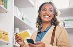 Pharmacy, product and phone of customer or woman with medicine choice, health insurance app and medical choice. Happy biracial person at drugs store, shelf and mobile thinking of healthcare decision