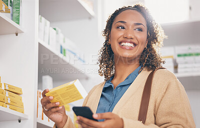 Buy stock photo Pharmacy, product and phone of customer or woman with medicine choice, health insurance app and medical choice. Happy biracial person at drugs store, shelf and mobile thinking of healthcare decision