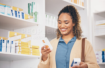 Buy stock photo Pharmacy, choice or happy woman reading medicine, pills or medication products in retail drugstore. Search, decision or customer with a box of supplements or shopping in medical healthcare chemist 