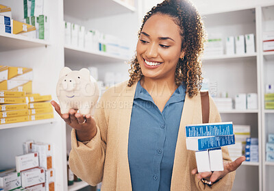 Buy stock photo Pharmacy, piggy bank and woman with medical product, medication and supplements for wellness. Healthcare, health insurance and happy female balance financial savings, money and payment for medicine