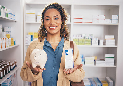 Buy stock photo Pharmacy, piggy bank and portrait of woman with medicine, medication and pills for wellness. Healthcare, health insurance and happy female with financial savings, money and cash for medical product