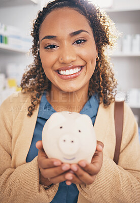 Buy stock photo Pharmacy, piggy bank and portrait of woman with smile in clinic for pills, medication and medical products. Healthcare, health insurance and happy female with finance, money and savings for medicine