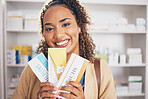 Pharmacy, medicine or portrait of happy woman with pills or boxes of healthcare products in drugstore. Pharmaceutical sale or customer smiling with supplements package shopping in medical chemist
