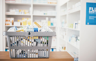 Buy stock photo Healthcare background, pharmacy and basket of medicine for shopping, drugstore service and consumer market. Retail dispensary, pharmaceuticals and cart of pills, supplement boxes and medical economy