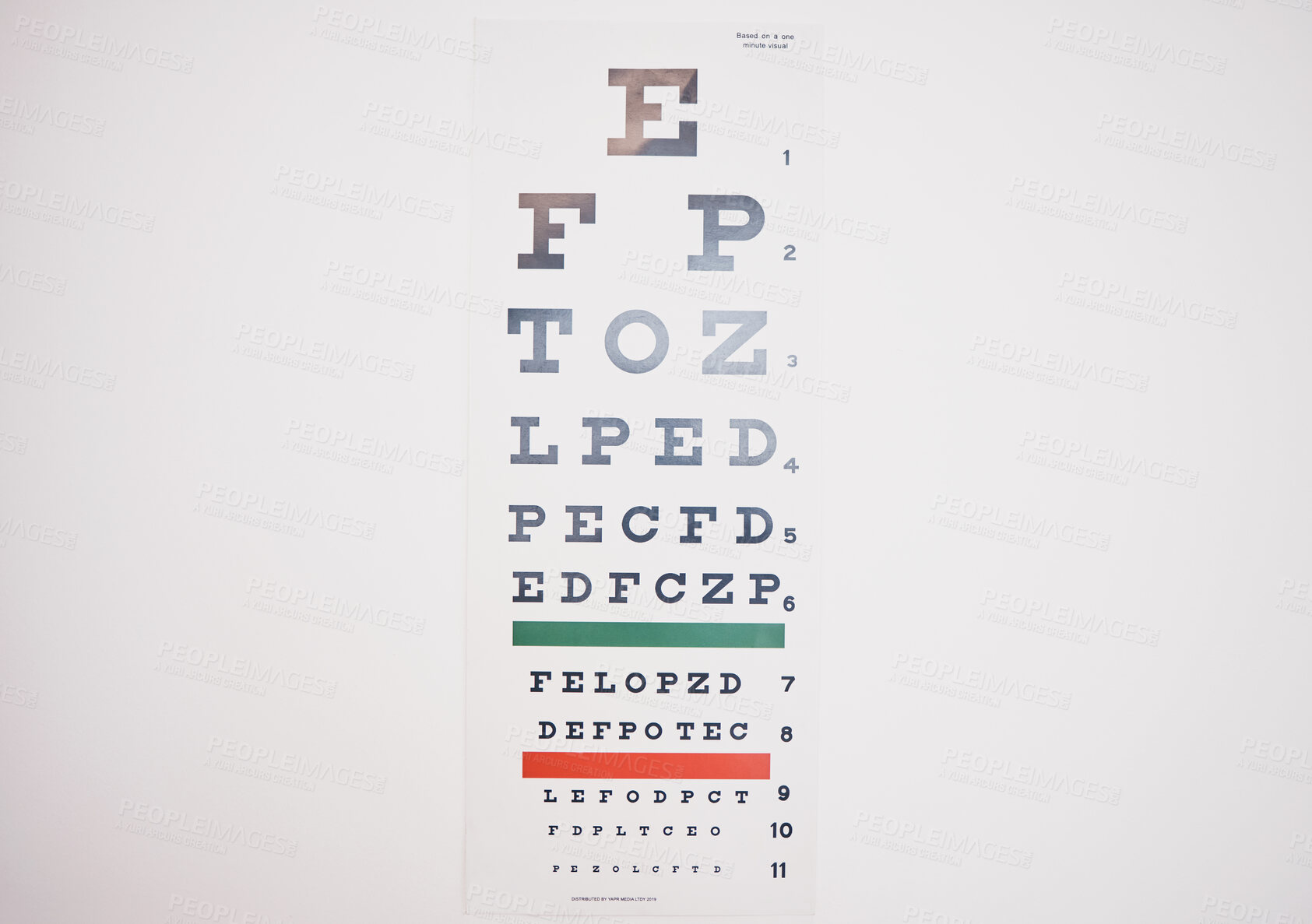 Buy stock photo Eye care, chart and background of letters of optometry test, medical consulting or vision exam to see. Poster, character and check eyesight in ophthalmology, healthcare or visual wellness of glaucoma