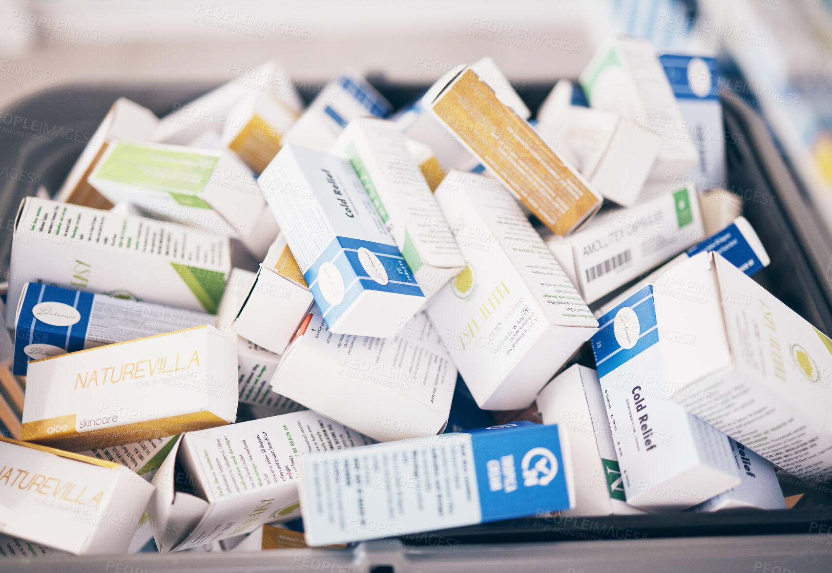 Buy stock photo Closeup of medicine, boxes and shopping in pharmacy, drugstore service and consumer market. Retail dispensary, pharmaceutical stock and basket of pills, supplements and products of medical tablets 