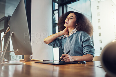 Buy stock photo Neck pain, office and business woman with muscle strain risk, medical emergency or anatomy crisis. Burnout problem, injury accident and corporate person, graphic designer or agent with stress tension