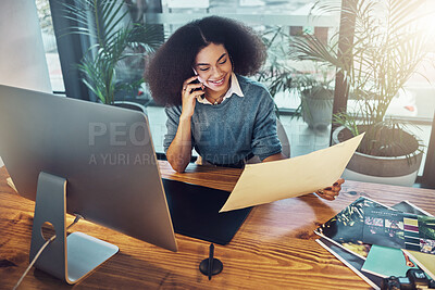 Buy stock photo Business woman, phone call and document in design, conversation or digital drawing idea at the office. Female designer talking on mobile smartphone for communication, networking or project discussion