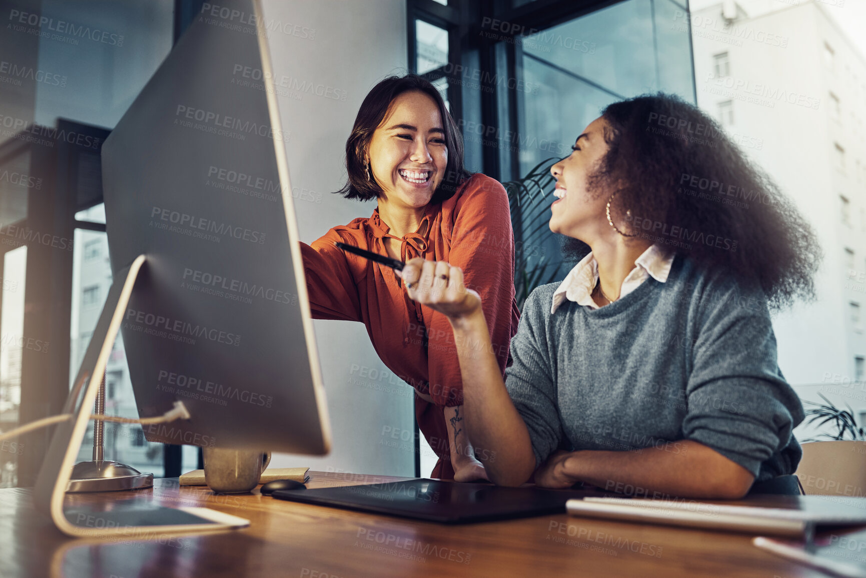 Buy stock photo Collaboration, computer and business women in the office while working on a corporate project together. Teamwork, technology and professional female employees planning a company report in workplace.