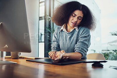 Buy stock photo Business woman, hands and computer with wrist pain, overworked or joint inflammation on office desk. Hand of female employee suffering from carpal tunnel syndrome, bad ache or discomfort at workplace