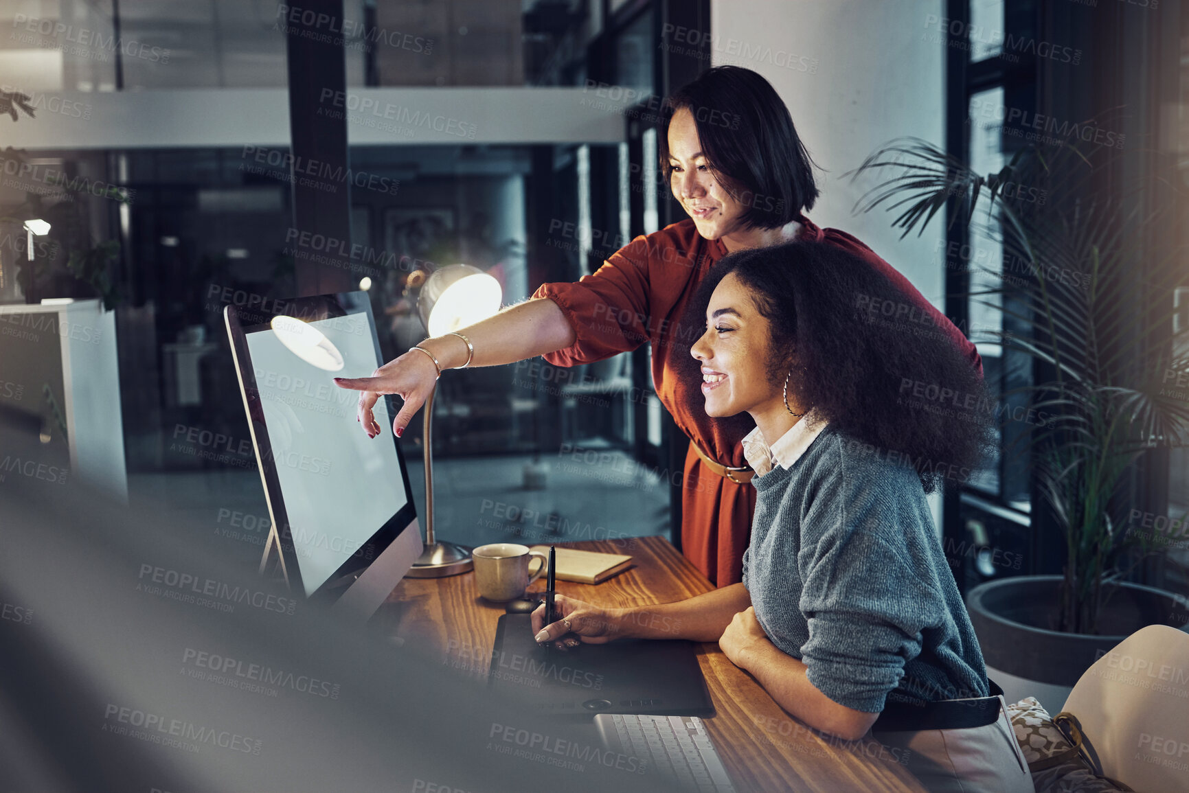 Buy stock photo Partnership, computer and women team in the office while working on a corporate project in collaboration. Teamwork, technology and professional female employees planning business report in workplace.