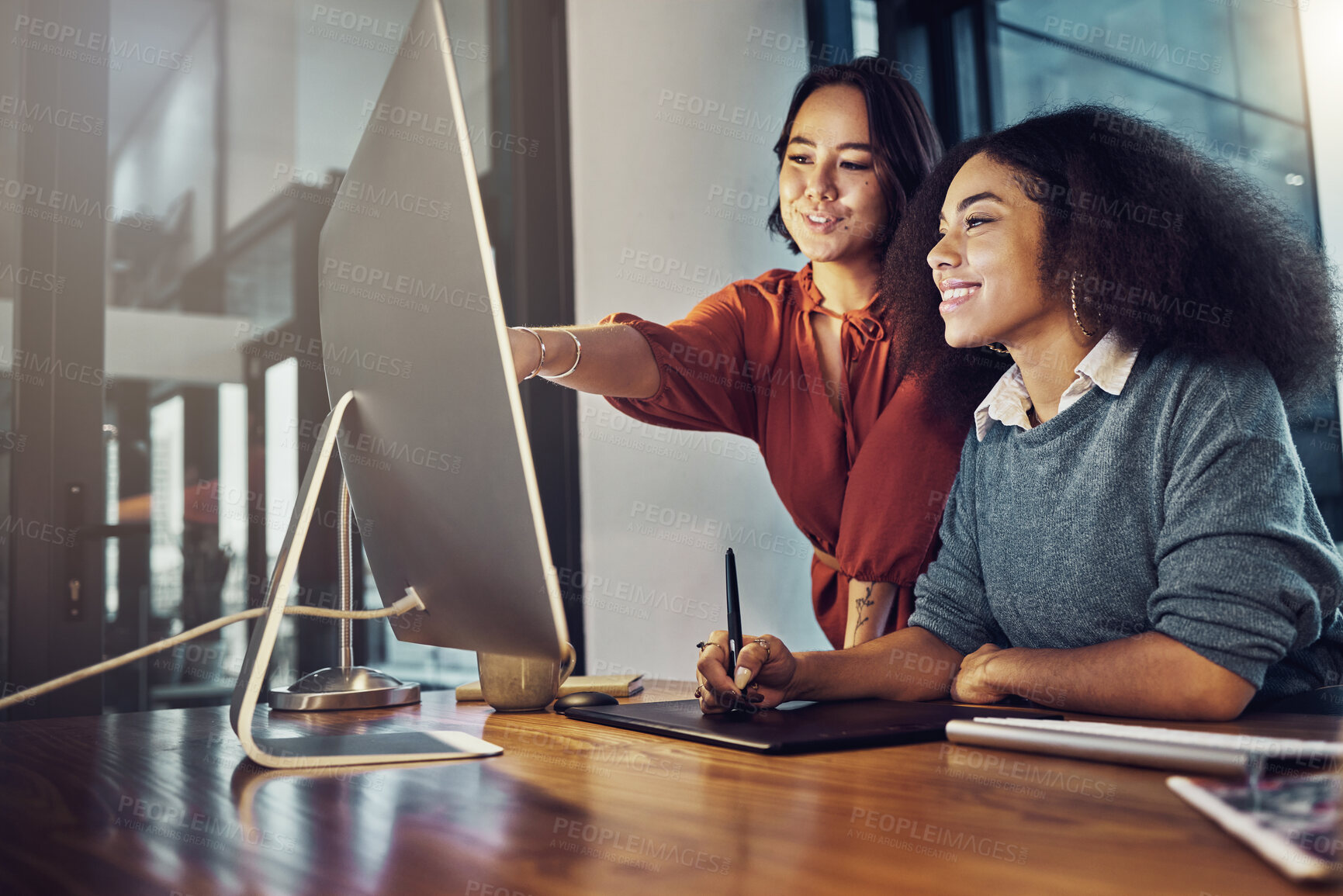 Buy stock photo Discussion, computer and female team in the office while working on a corporate project in collaboration. Teamwork, technology and professional women employees planning a business report in workplace