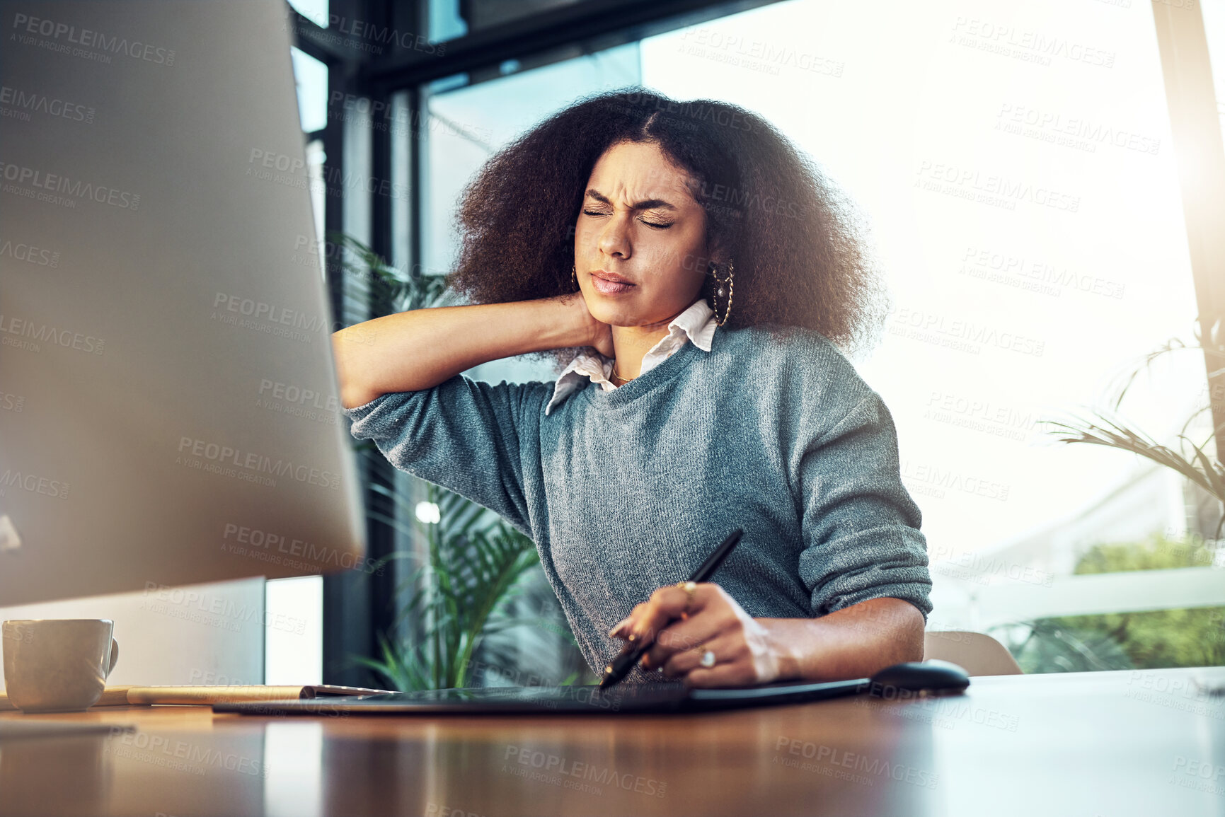 Buy stock photo Neck pain problem, office or business woman with anatomy injury, medical emergency or muscle strain accident. Burnout, crisis and corporate person, graphic designer or tired agent with stress tension