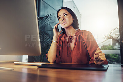 Buy stock photo Phone call, business and focus with woman in office for networking, communication and negotiation. Contact, technology and connection with female talking for feedback, information and conversation