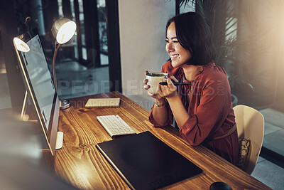 Buy stock photo Coffee, computer or business woman in office at night excited for planning, email or design idea. Tea, happy or satisfied smile for asian female entrepreneur reading proposal plan for evening startup