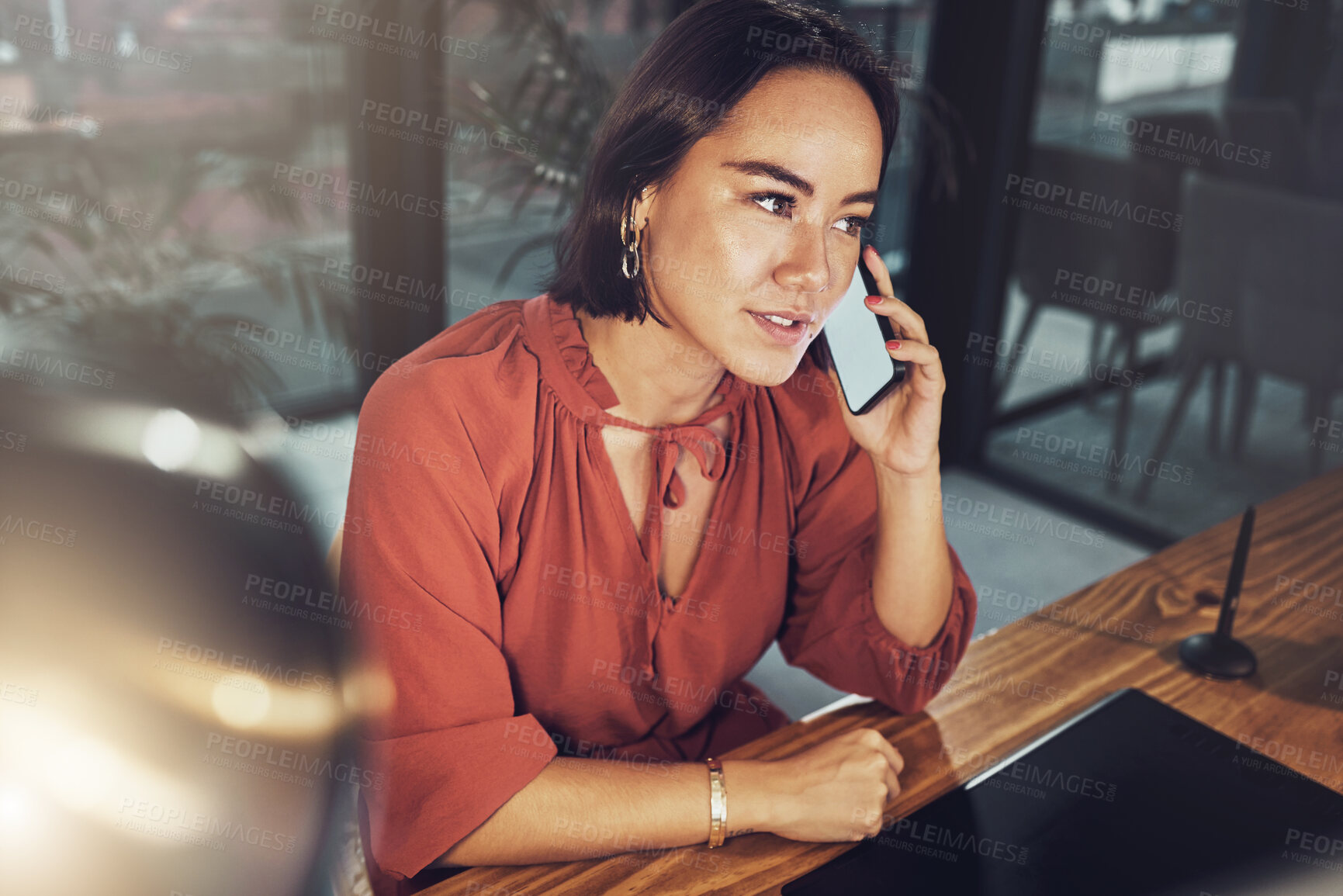 Buy stock photo Phone call, business and mockup with woman in office for networking, communication and negotiation. Contact, technology and connection with female talking for feedback, information and conversation