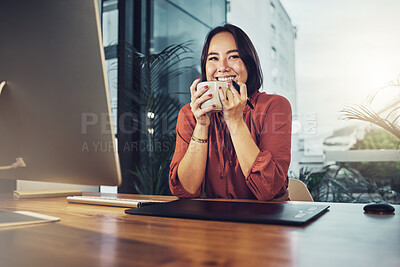 Buy stock photo Portrait, business and woman with a smile, coffee and ideas for startup, online reading and success. Face, female employee and entrepreneur with tea, relax and happiness for company and new project