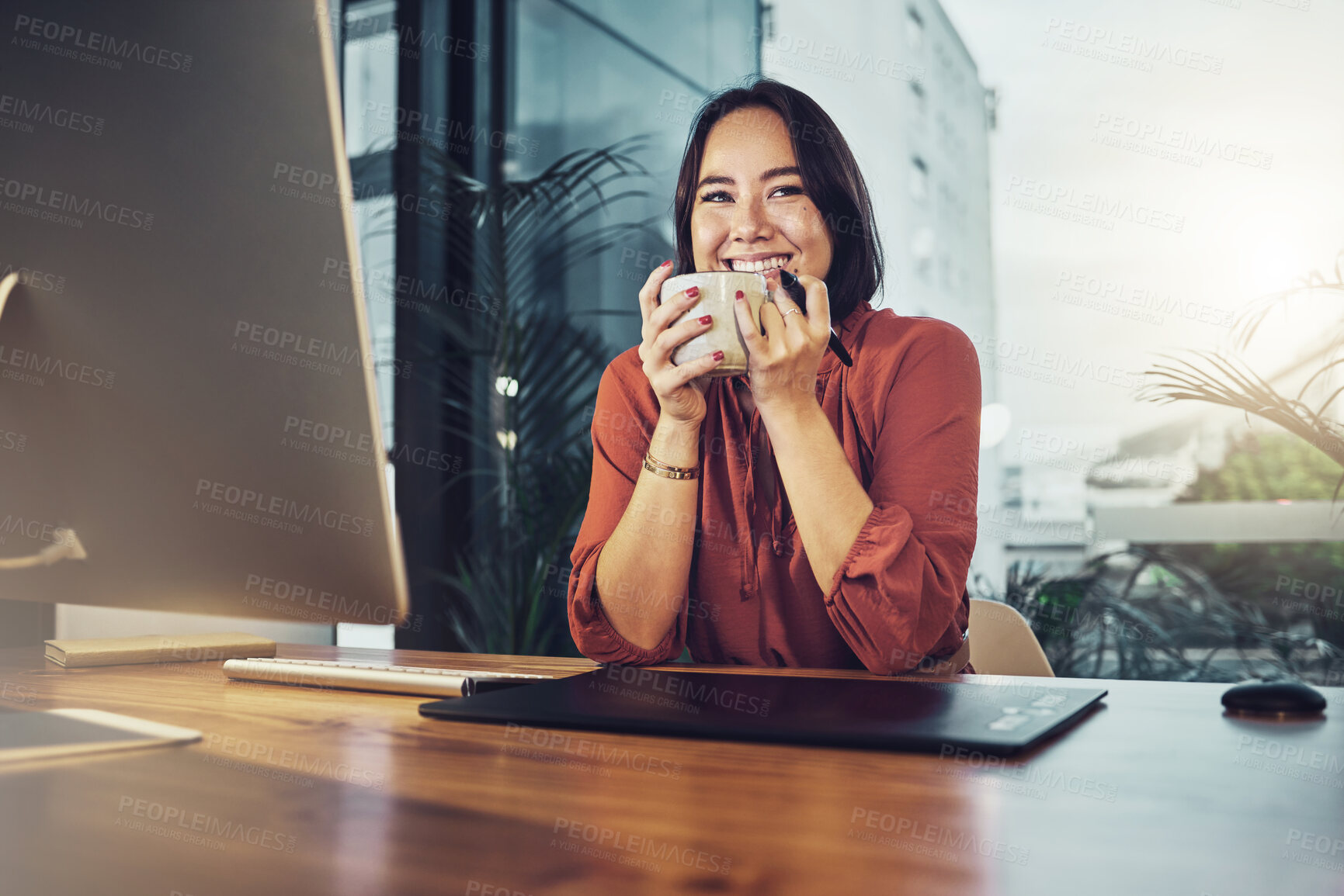 Buy stock photo Portrait, business and woman with a smile, coffee and ideas for startup, online reading and success. Face, female employee and entrepreneur with tea, relax and happiness for company and new project