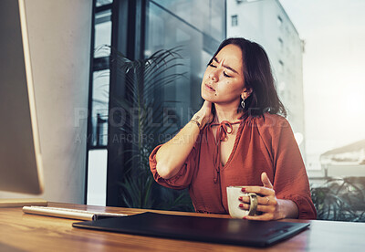 Buy stock photo Neck pain, business office and woman with injury strain risk, medical emergency or anatomy accident crisis. Burnout problem, stress and corporate person, graphic designer or agent massage hurt muscle