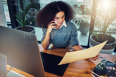 Buy stock photo Business, serious woman and phone call with document for design or conversation in concern at office. Upset female designer talking on mobile smartphone for communication, query or project discussion