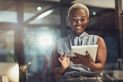 Buy stock photo Smile, tablet and search with black woman in office for technology, corporate and communication. Social media, connection and internet with female and online for networking, email and website