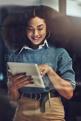 Buy stock photo Happy, tablet and night with woman office for technology, corporate and communication. Social media, connection and internet with business female and search online for networking, email and website