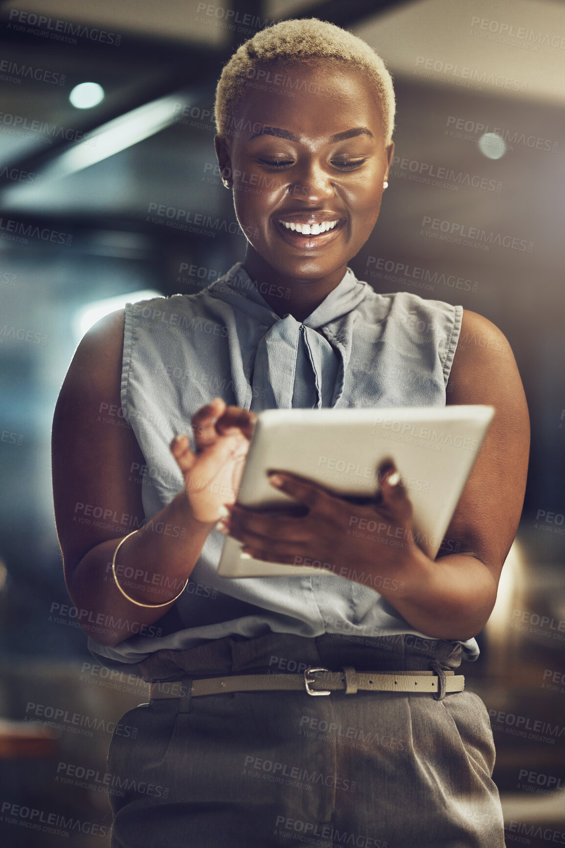 Buy stock photo Business, tablet and smile with black woman in office for technology, corporate or communication. Social media, connection and internet with female and search online for networking, email and website