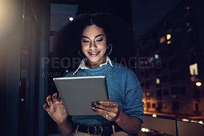 Buy stock photo Happy, tablet and night with woman in city for technology, corporate and communication. Social media, connection and internet with business female and search online for networking, email and website