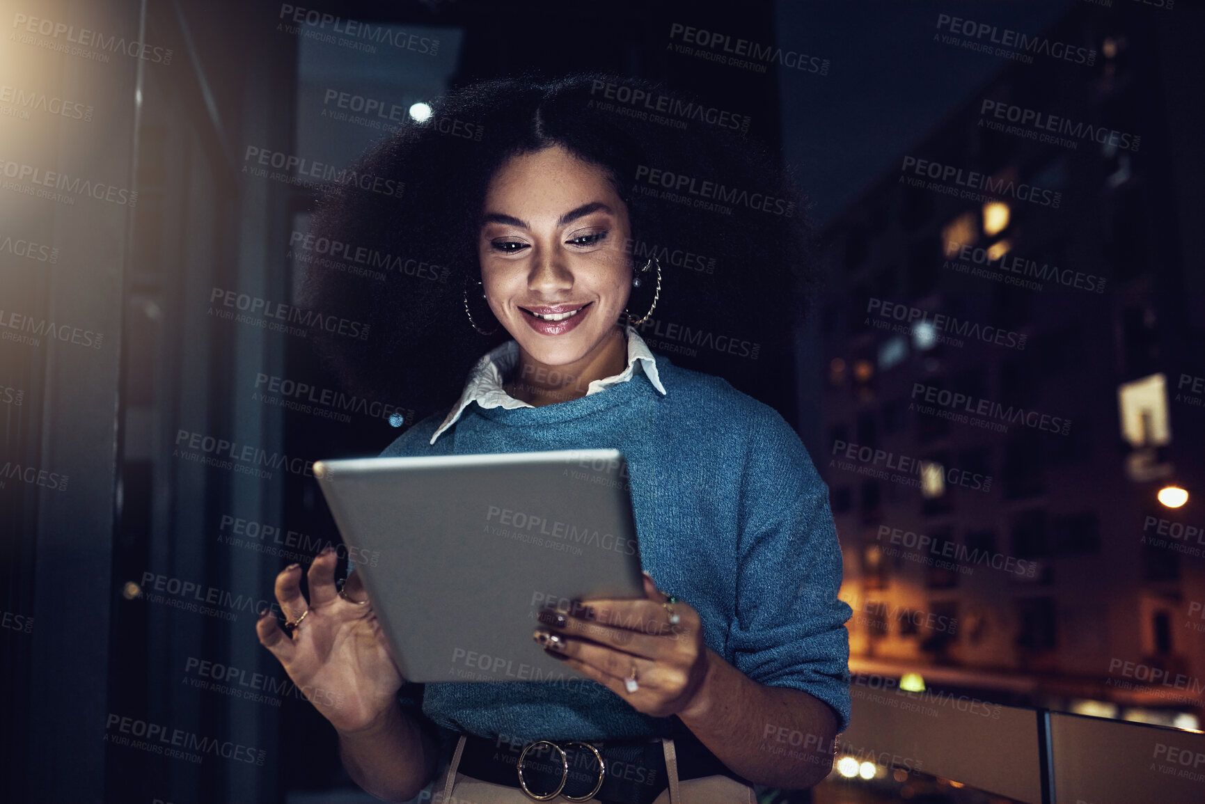 Buy stock photo Happy, tablet and night with woman in city for technology, corporate and communication. Social media, connection and internet with business female and search online for networking, email and website