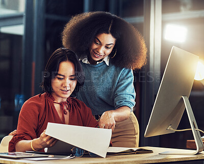 Buy stock photo Ideas, brainstorming and teamwork, women in office planning a meeting and creative project, paperwork and computer. Diversity, proposal and employees in discussion at tech startup or design agency.