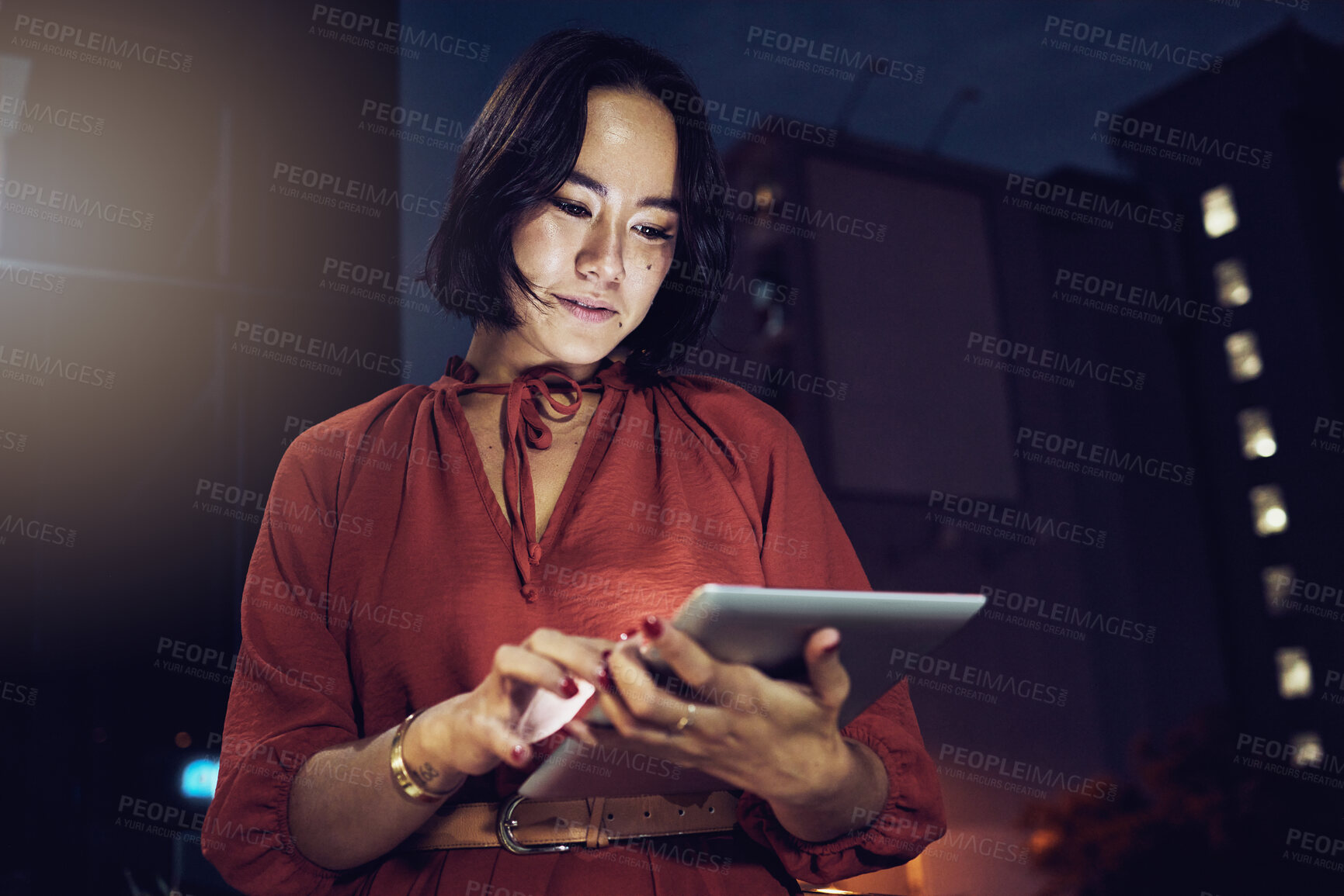 Buy stock photo Serious, tablet and night with woman in city for technology, corporate and communication. Social media, connection and internet with female and search online for networking, email and website