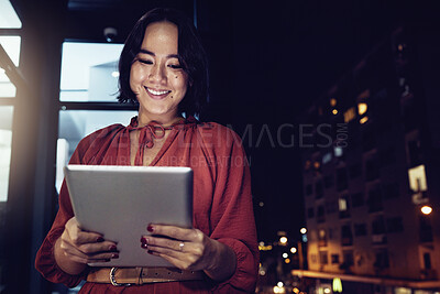 Buy stock photo Business, tablet and night with woman in city for technology, corporate and communication. Social media, connection and internet with female and search online for networking, email and website