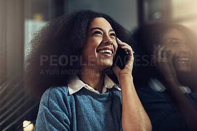 Buy stock photo Happy woman, phone call and laughing at night for funny joke, talking or conversation at the office. Face of female with smile and laugh on mobile smartphone working late for fun business discussion