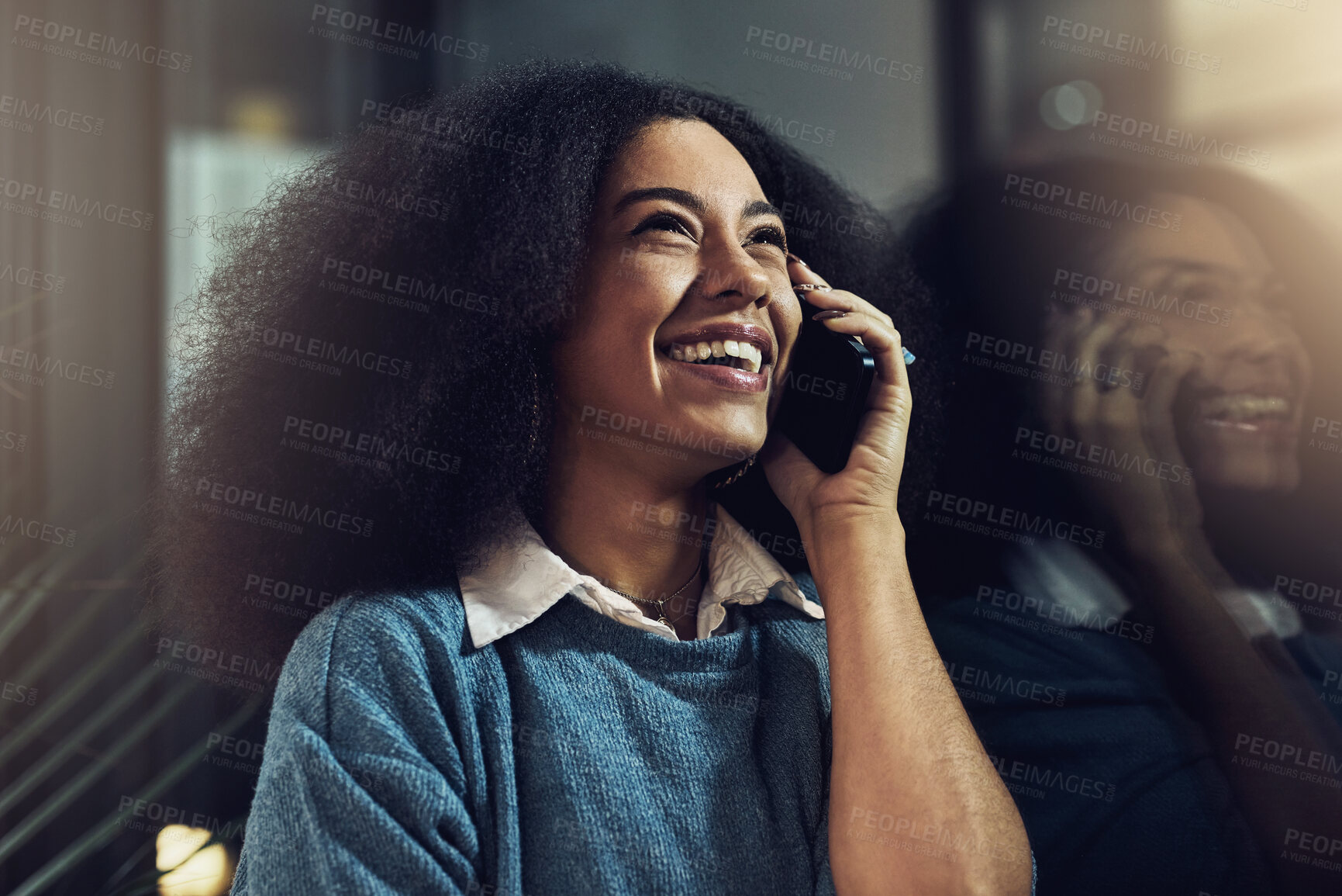 Buy stock photo Happy woman, phone call and laughing at night for funny joke, talking or conversation at the office. Face of female with smile and laugh on mobile smartphone working late for fun business discussion