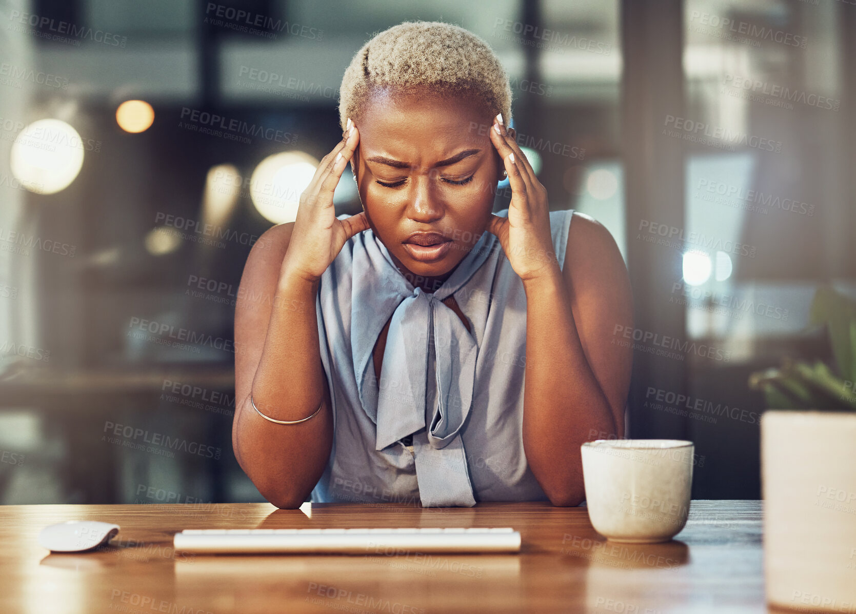 Buy stock photo Mental health, stress headache and black woman with burnout from overtime office work. Night fatigue, migraine and frustrated business person, sad consultant or agent with depression, pain or problem