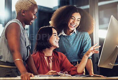 Buy stock photo Training, computer and laughing with women in office for coaching, support and collaboration. Leadership, technology and management with business people for brainstorming, project goals and planning