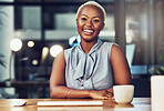 Smile, corporate and portrait of businesswoman feeling happy, confident and excited in an office working for a startup company. Employee, worker and black woman entrepreneur at a administration desk