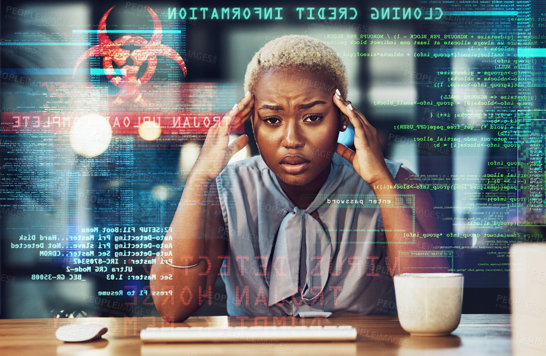 Buy stock photo Stress, programmer headache and black woman gets a cyber security attack, virus or glitch. Anxiety, depression and portrait of sad person in it or big data hacked with ransomware in office overlay.