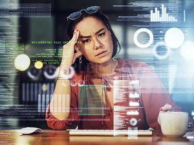 Buy stock photo Business headache, stress and Asian woman gets a cyber security attack, virus or glitch. Anxiety, depressed portrait and serious person with graphs for data hacked with ransomware in phishing overlay