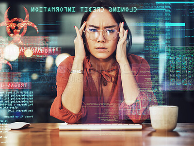 Buy stock photo Stress, business headache and Asian woman gets a cyber security attack, virus or glitch. Anxiety, depression and portrait of sad person in it or big data hacked with ransomware in phishing overlay.