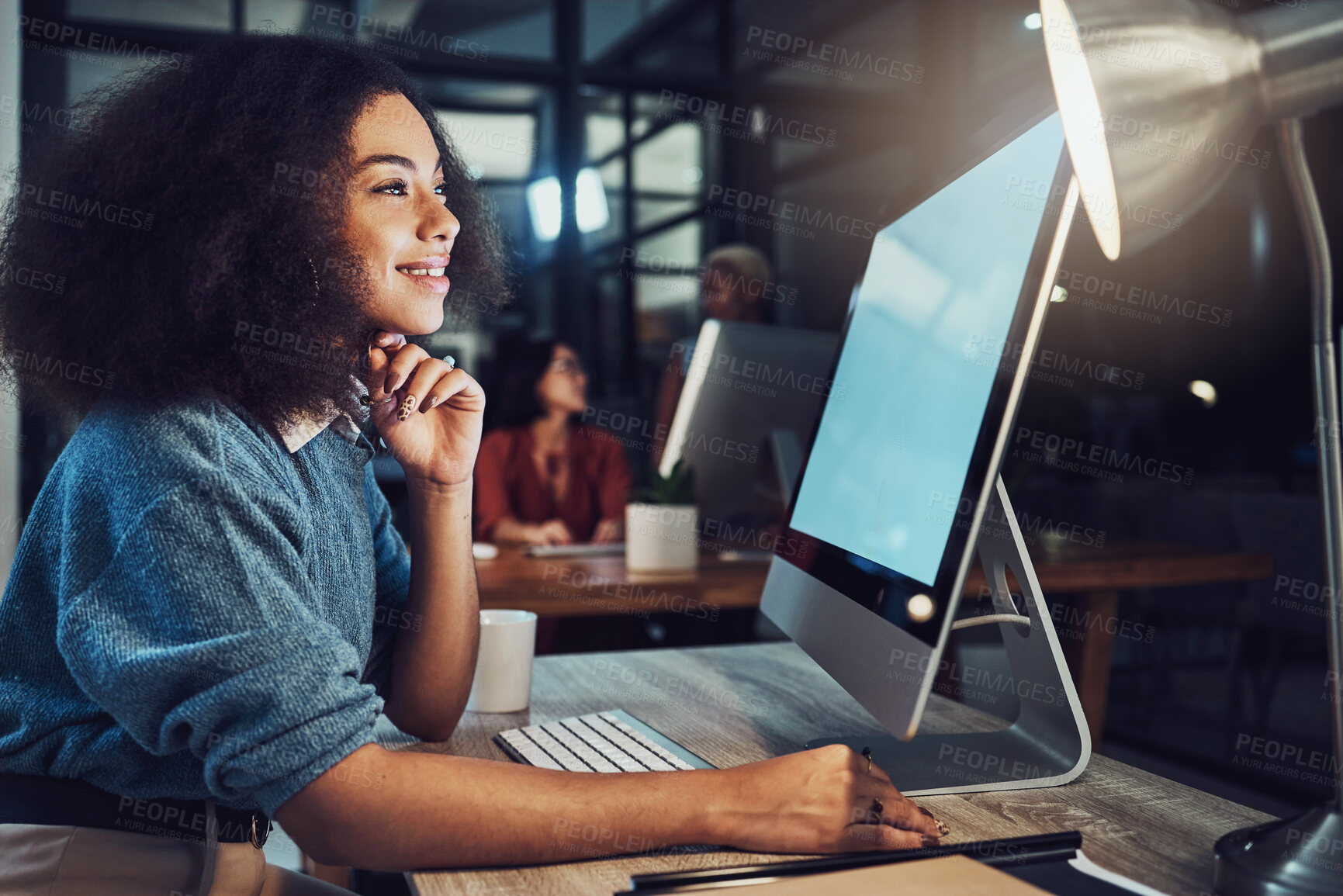 Buy stock photo Night, business and woman with a smile, creative and data analytics for startup, growth and digital planning. Working late, female consultant and happy employee with a computer, typing and screen