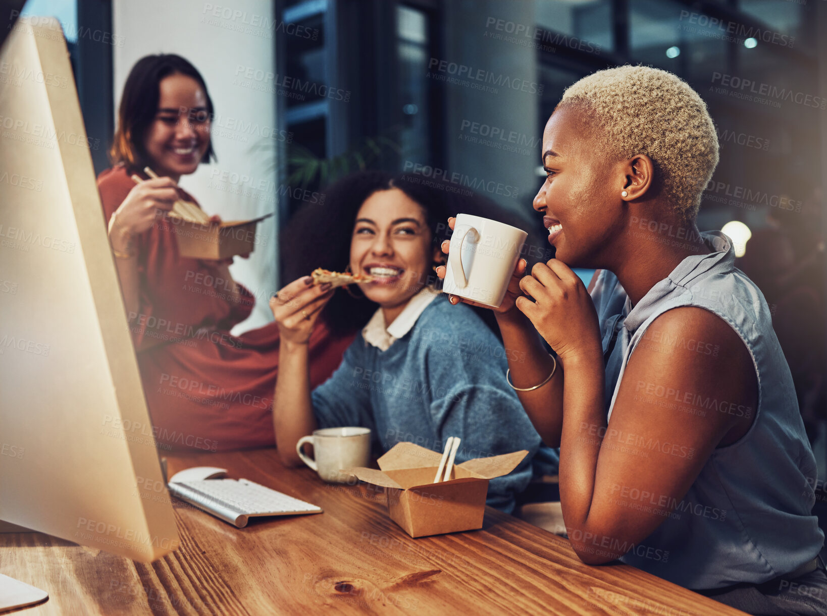 Buy stock photo Business team, food and office at night while eating and drinking coffee together at a desk. Diversity women group talking and laughing on late break with takeout and collaboration at workplace