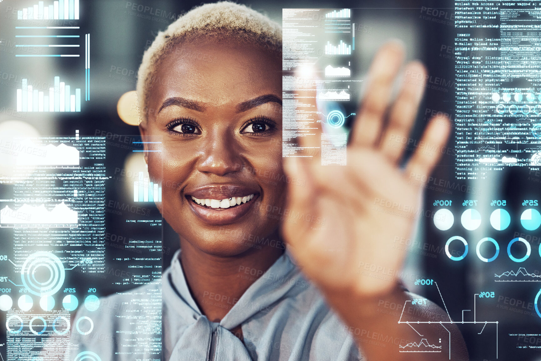 Buy stock photo Touch screen, hologram and black woman with digital data analytics, statistics or info. Holographic, futuristic or happy business person with overlay of trading charts, ui or ux with hand interaction