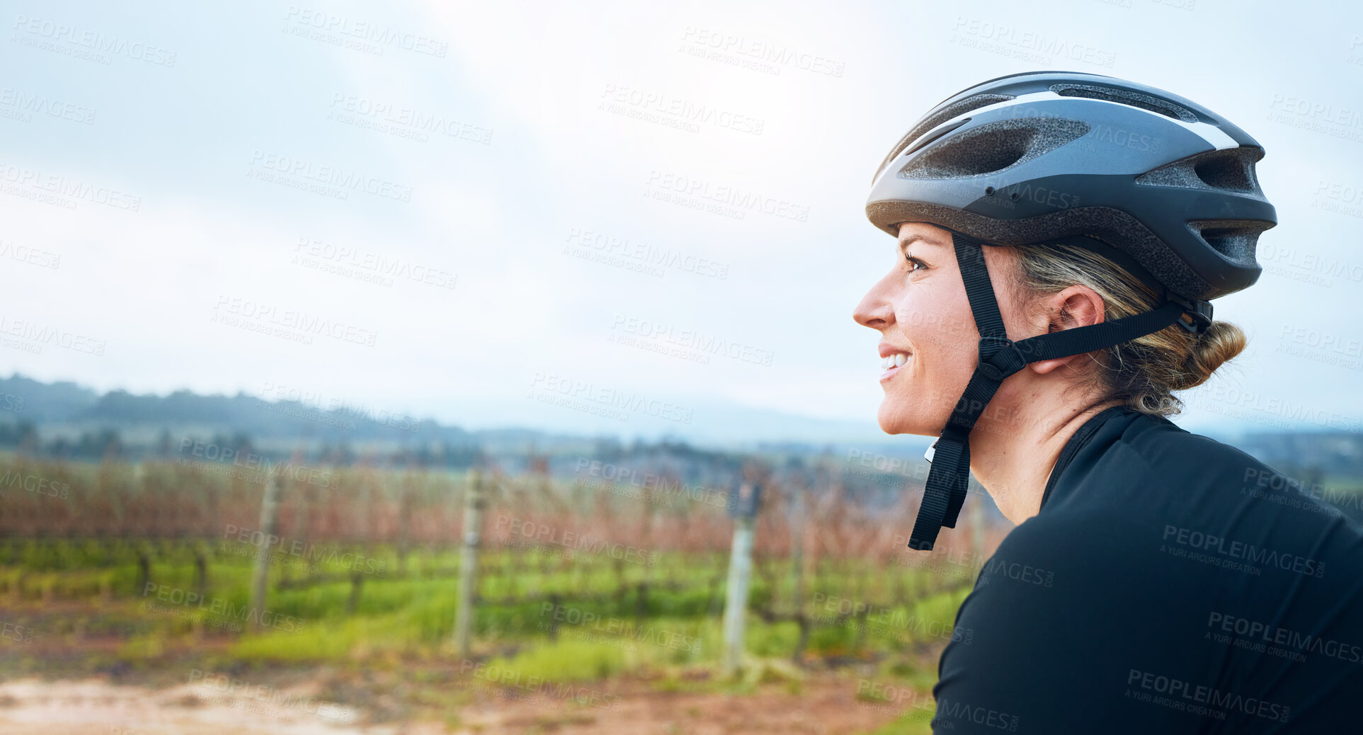 Buy stock photo Happy, fitness and woman relax while cycling in the countryside, smile and resting in nature. Cheerful, sports and female cyclist on break in Mexico for travel, vacation or cardio, routine or workout