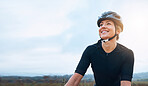 Smile, fitness and woman relax while cycling in the countryside, happy and resting in nature. Cheerful, sports and female cyclist on break in Mexico for travel, vacation or cardio, routine or workout